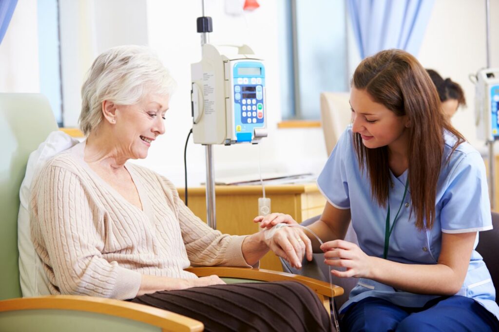 Woman getting chemotherapy in an ADC clinical trial