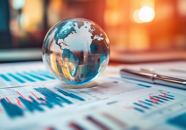A crystal globe reflecting on business documents, symbolizing global finance and innovation in a vibrant office setting.