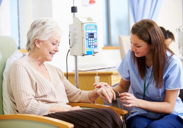 Woman getting chemotherapy in an ADC clinical trial